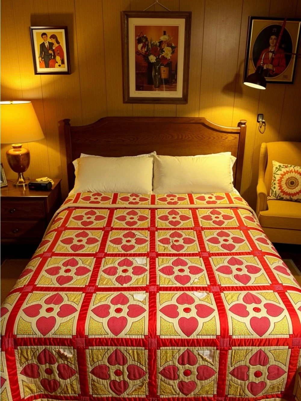 Vintage red  & yellow Heart and Gizzards pattern quilt.